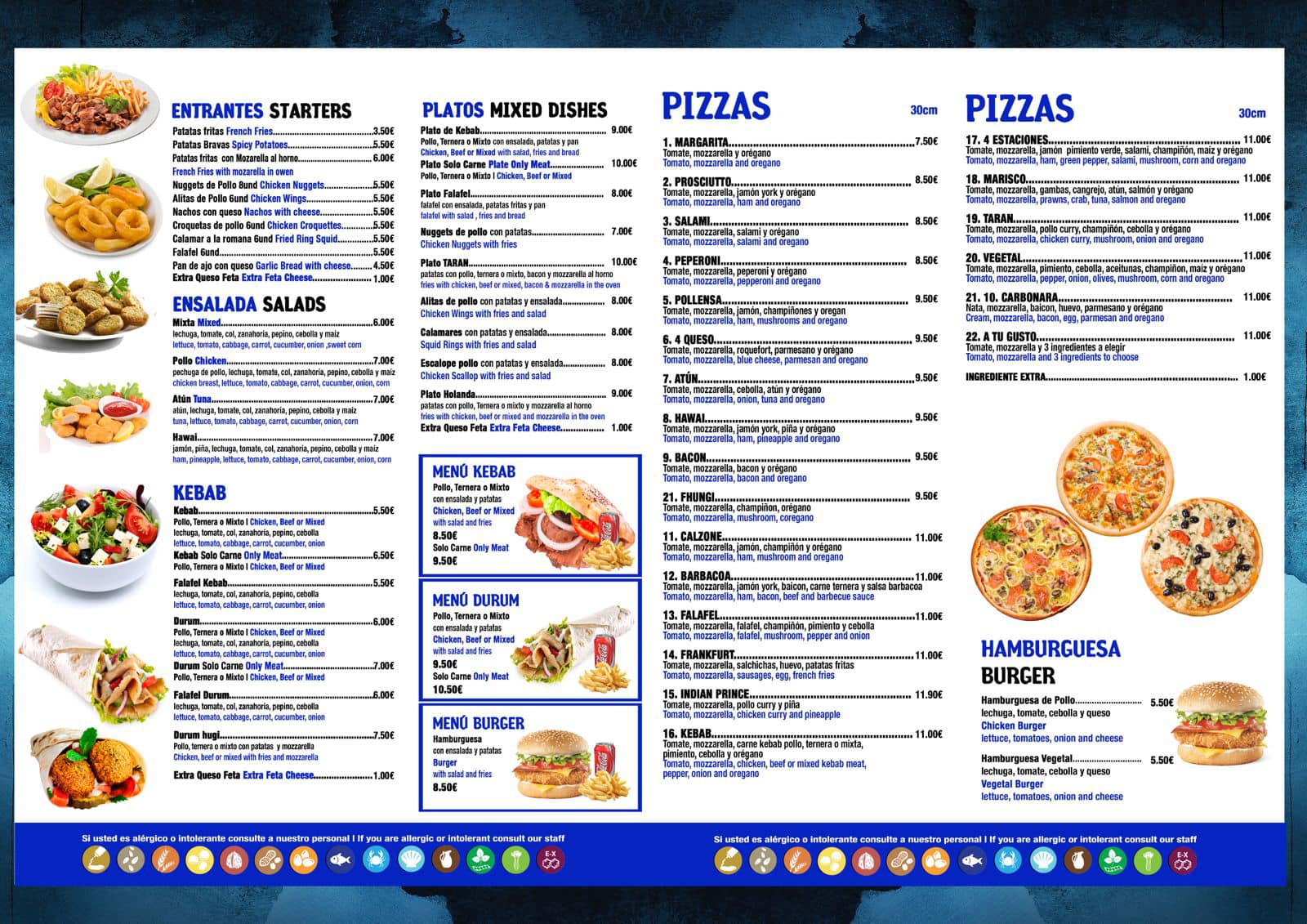 Carta completa Taran Pizzería Kebab: pizzas, kebabs, ensaladas y hamburguesas